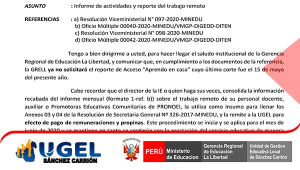 Informe de actividades y reporte del trabajo remoto . Nº 00039  -2020-GRLL-GGR/GRSE-G - UGEL Sanchez Carrion